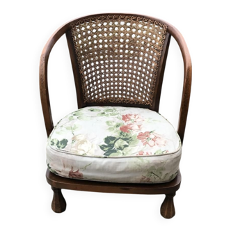 Vintage brown armchair in floral fabric and mahogany wood, 1950s, low back.