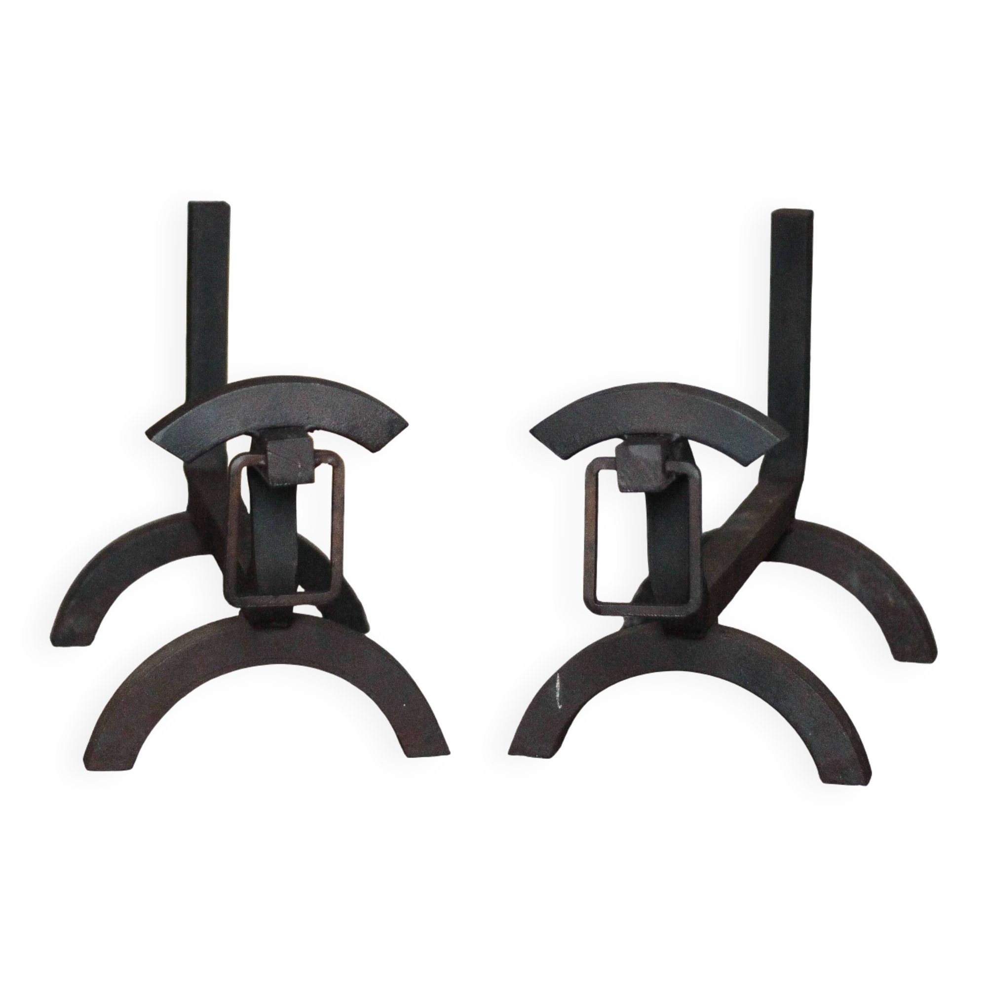 Vintage chenets, pair of brutalist dog-shaped chenets, fireplace accessory.