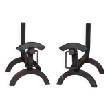 Vintage chenets, pair of brutalist dog-shaped chenets, fireplace accessory.