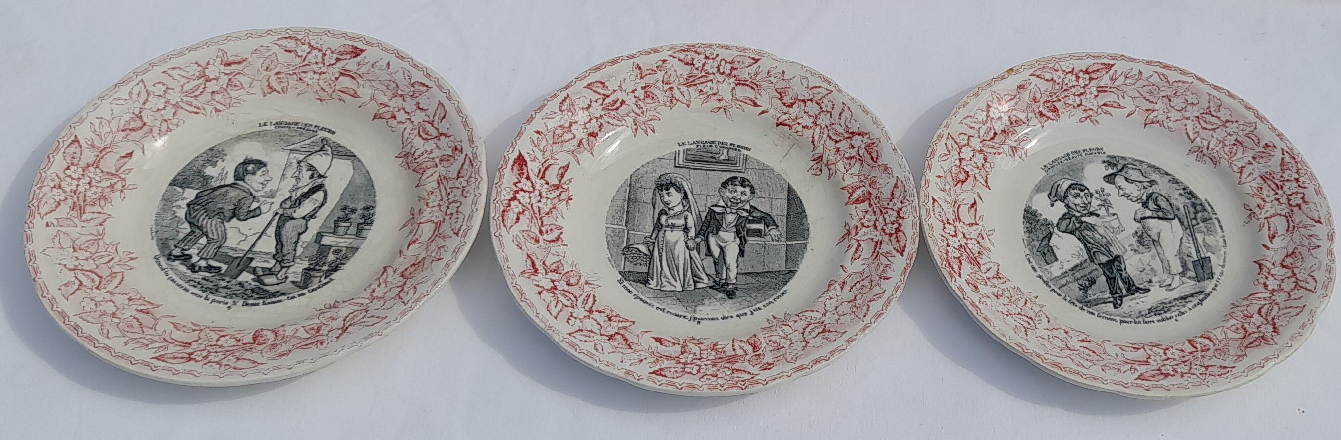 3 talking dessert plates earthenware from Gien the language of flowers n°', 5 and 6 diam 20 cm