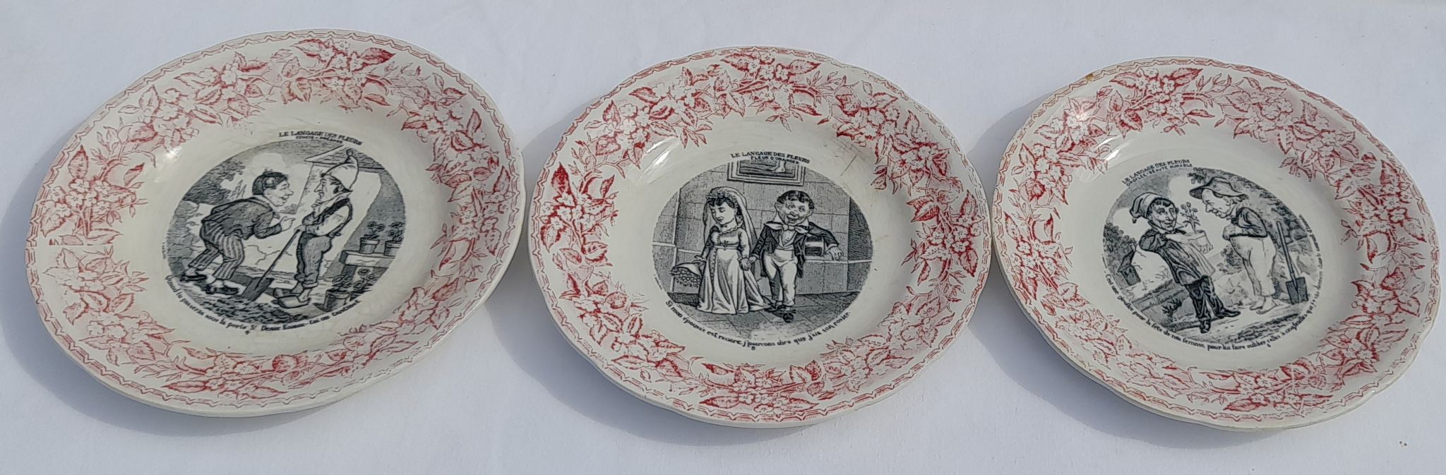 3 talking dessert plates earthenware from Gien the language of flowers n°', 5 and 6 diam 20 cm