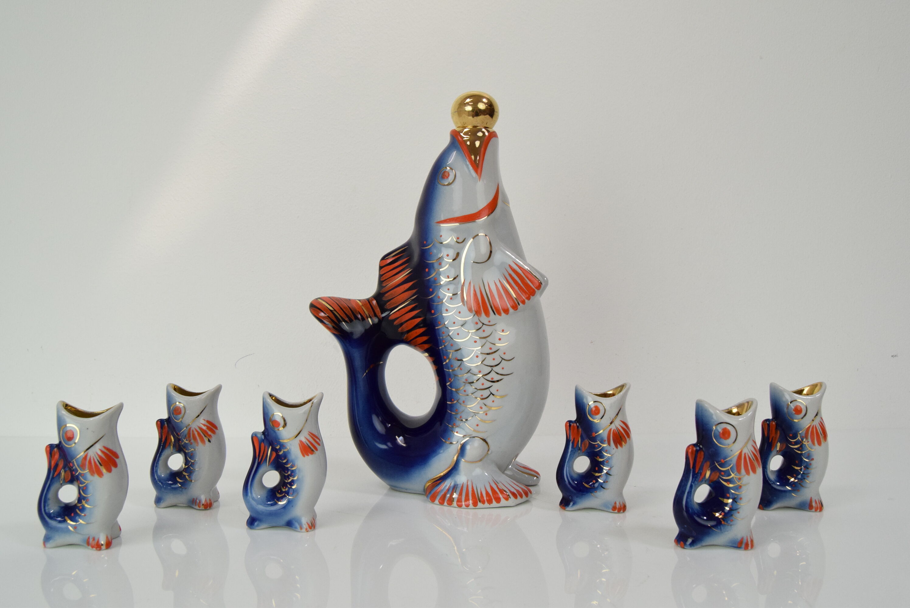 Fish decanter soviet drinking set porcelain fish carafe shots glass,1950's.