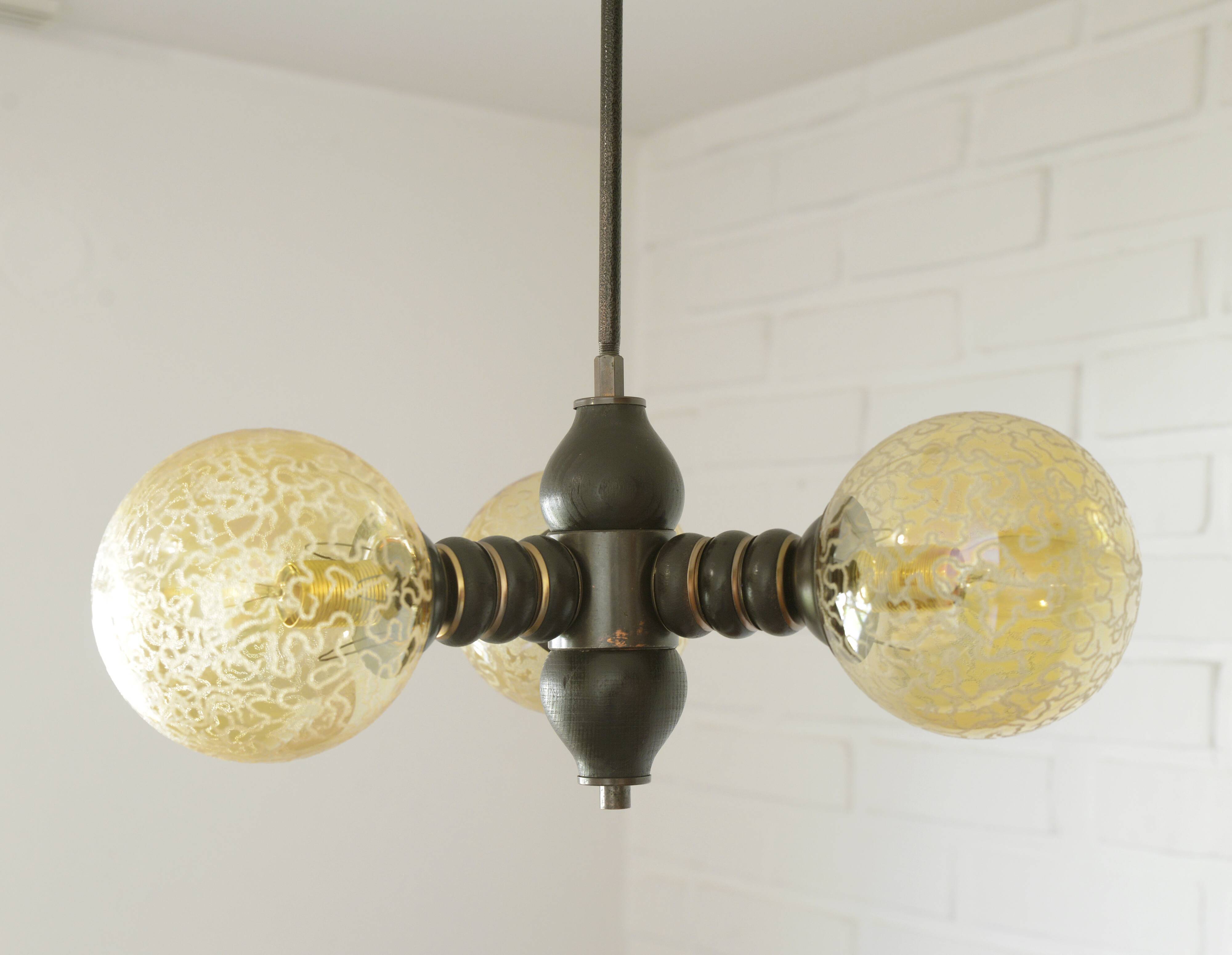 Wooden sputnik vintage pendant lamp / mid-century rustic hanging lamp 1970s