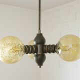 Wooden sputnik vintage pendant lamp / mid-century rustic hanging lamp 1970s