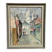 Huile sur toile du milieu du siècle "Scène de ville" par WB, signée, vintage et encadrée 40×47cm