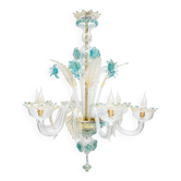 Venetian chandelier in Murano glass with 6 lights, white and blue.