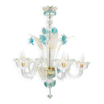 Venetian chandelier in Murano glass with 6 lights, white and blue.