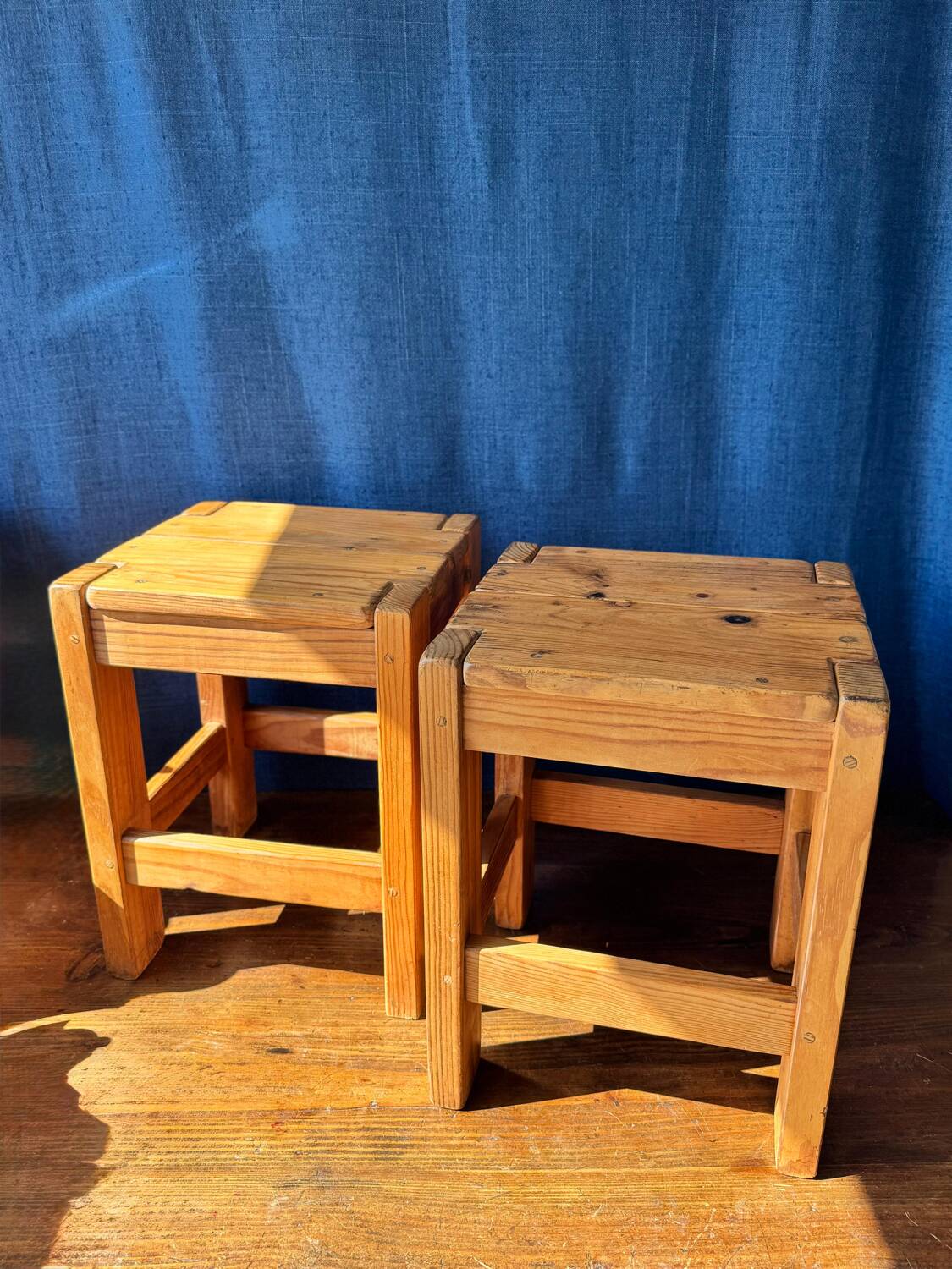 Pair of vintage larch stools, 1960s/70s