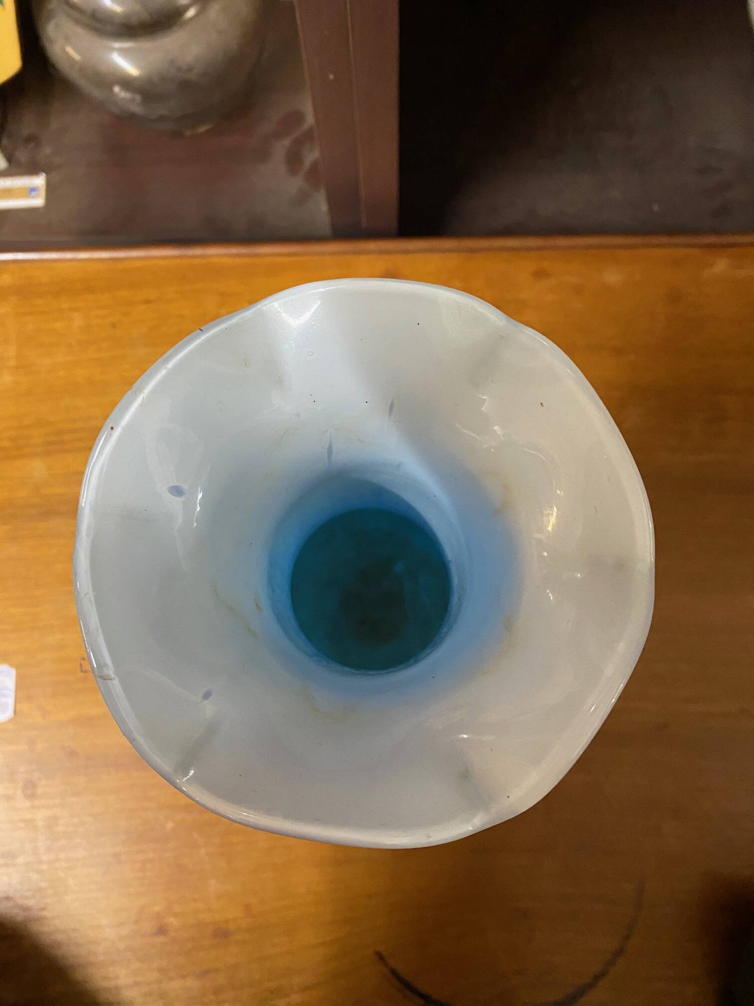 Clichy glass vase with floral decoration in intense blue tones and small years