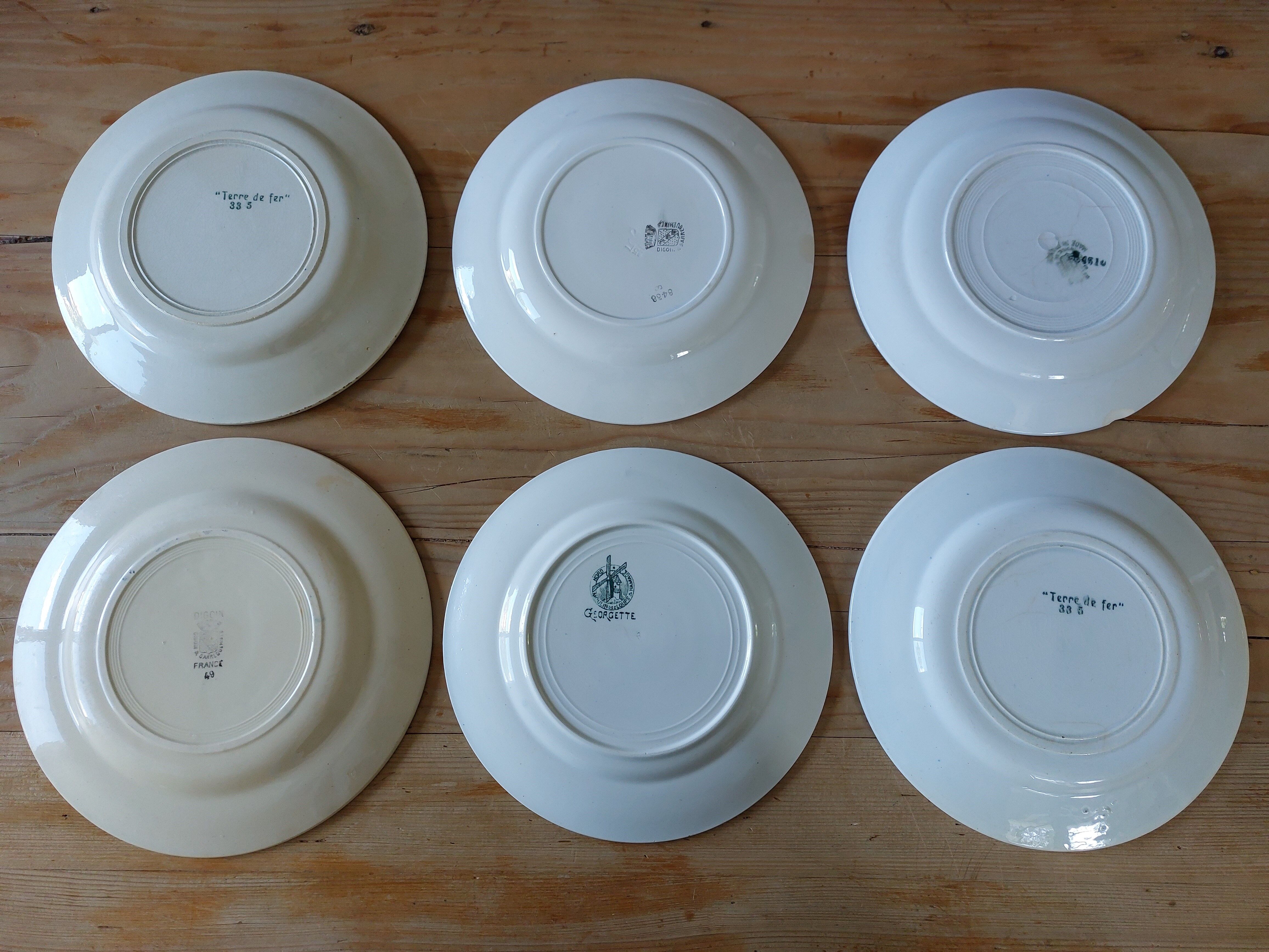 Lot de 6 assiettes terre de fer dépareillées tons bleus verts