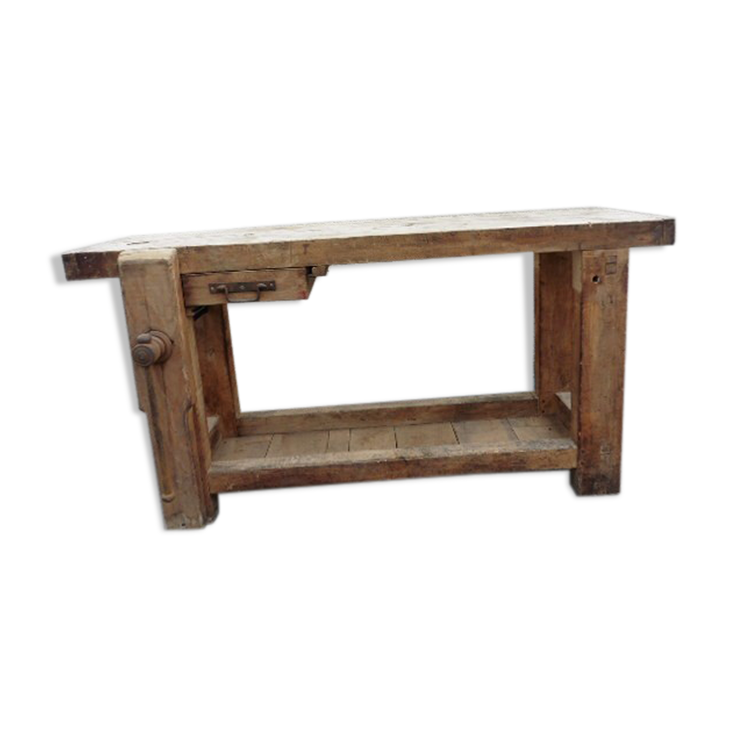 old solid wood workbench with drawer and seal