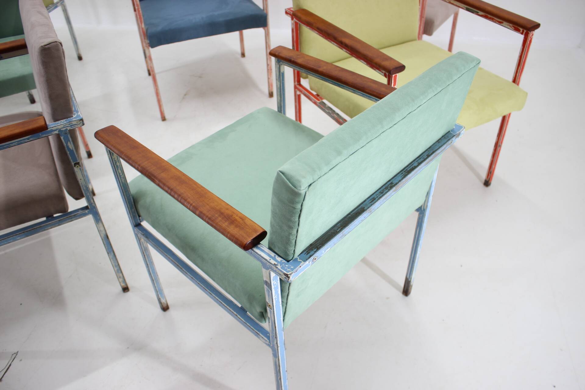 1960s Set of Eight Iron and Wood Armchairs/Dining Chairs,Czechoslovakia