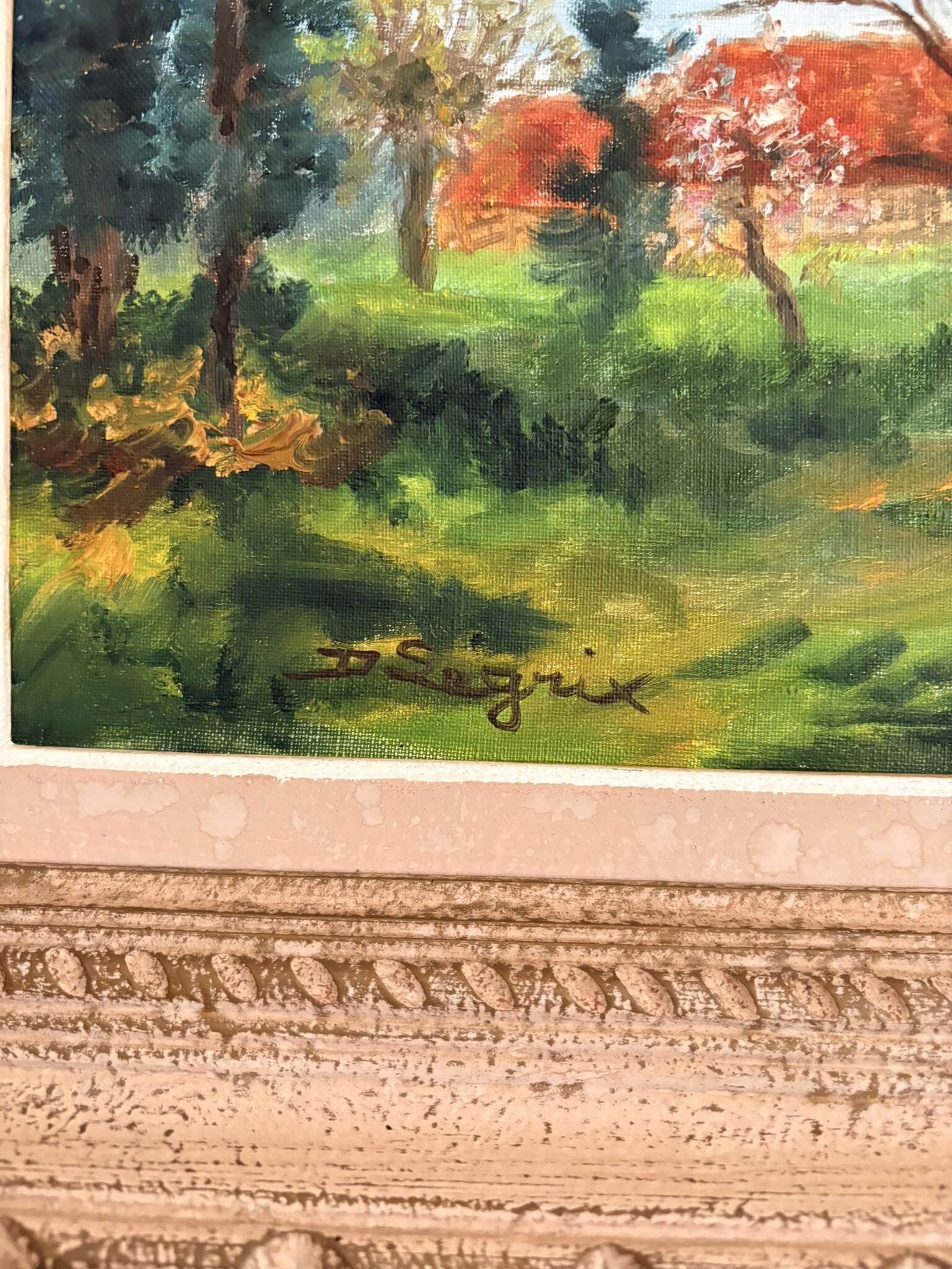 Old painting Oil on canvas Countryside Landscape House Garden Tree N