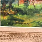 Old painting Oil on canvas Countryside Landscape House Garden Tree N