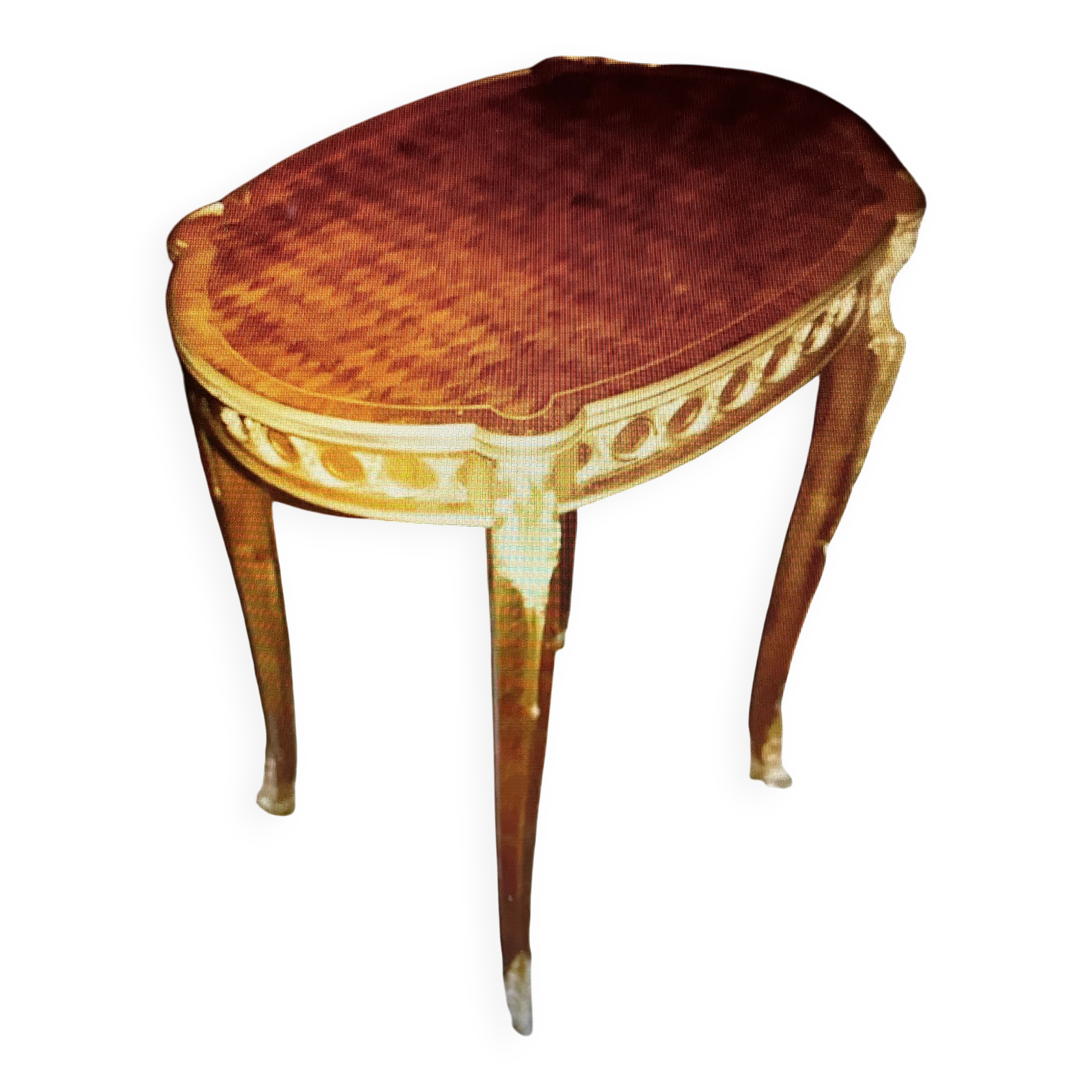 Living room table in Louis XV-Louis XVI transitional style with marquetry and bronze.