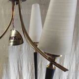 Modernist chandelier with 3 lights in gold and black metal, opaline tulip - 50s