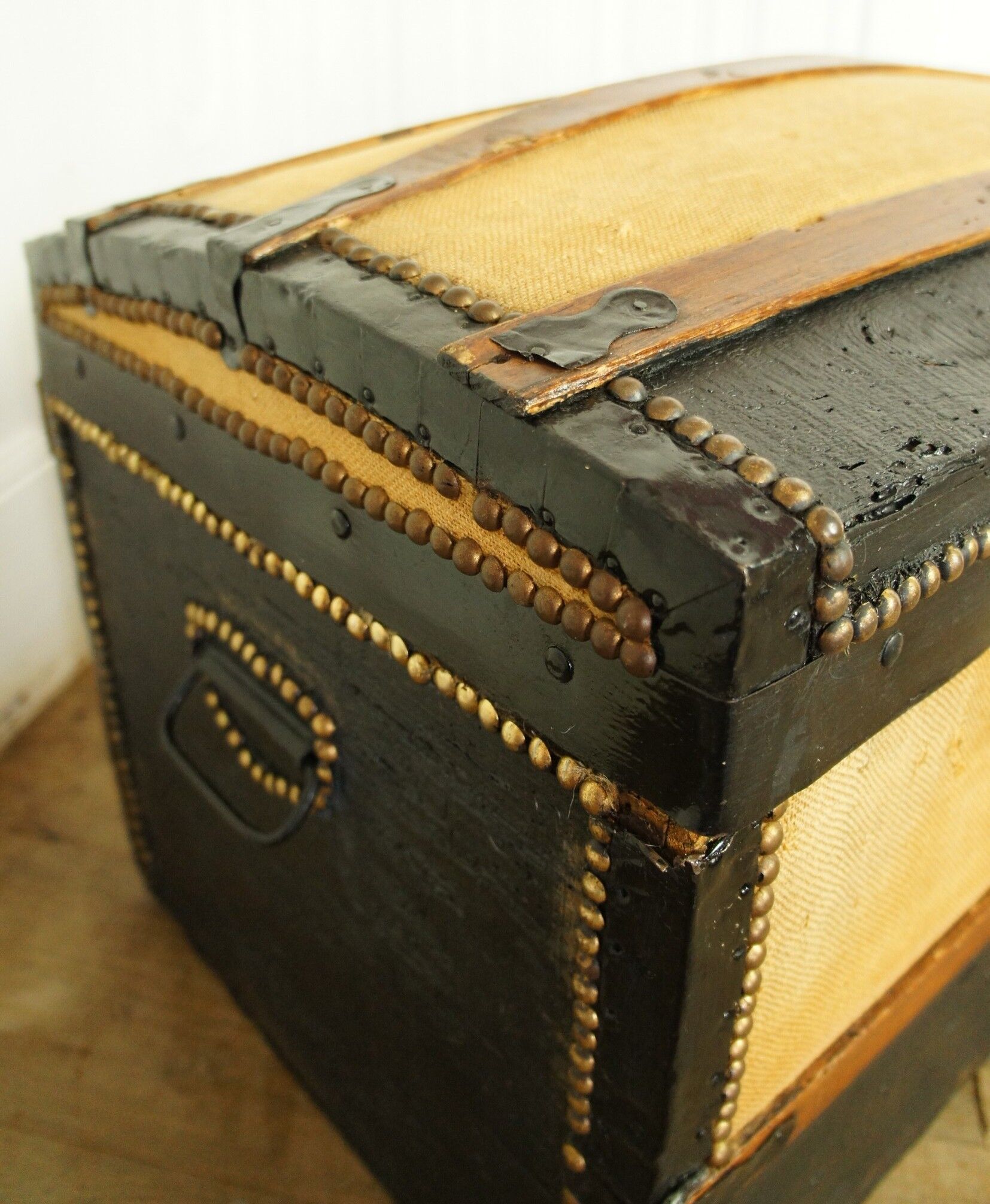 Old-curved wooden trunk - burlap