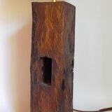 Brutalist lamp Art-populaire in solid wood, wool lampshade