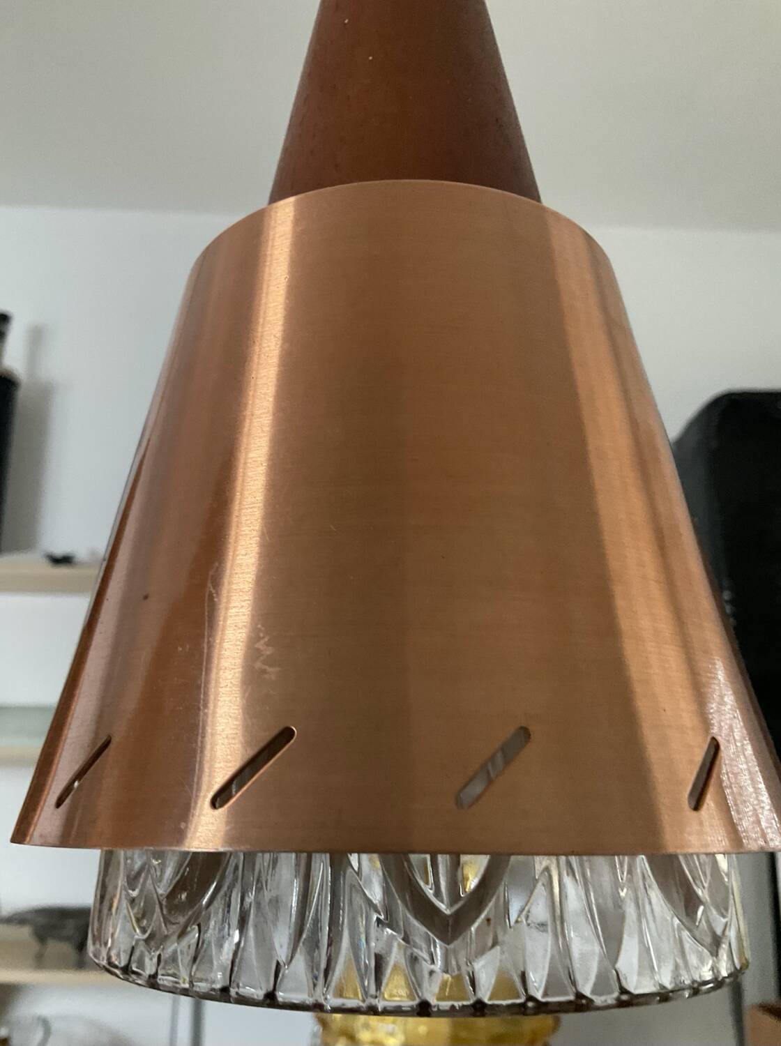 Scandinavian Boomerang chandelier from the 60s in teak, metal and glass