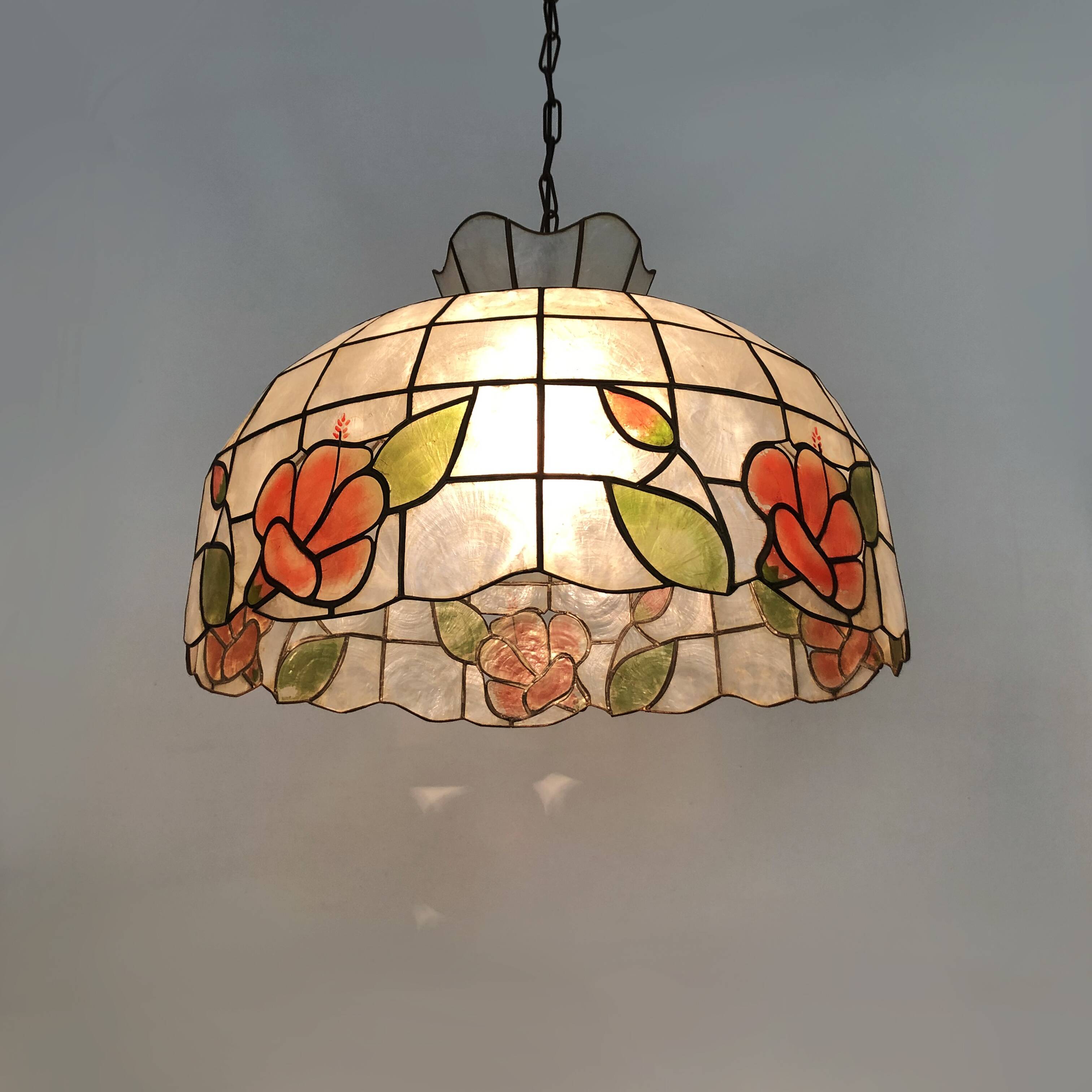 large pendant light, mother-of-pearl and brass chandelier, vintage, old light fixture. 70s