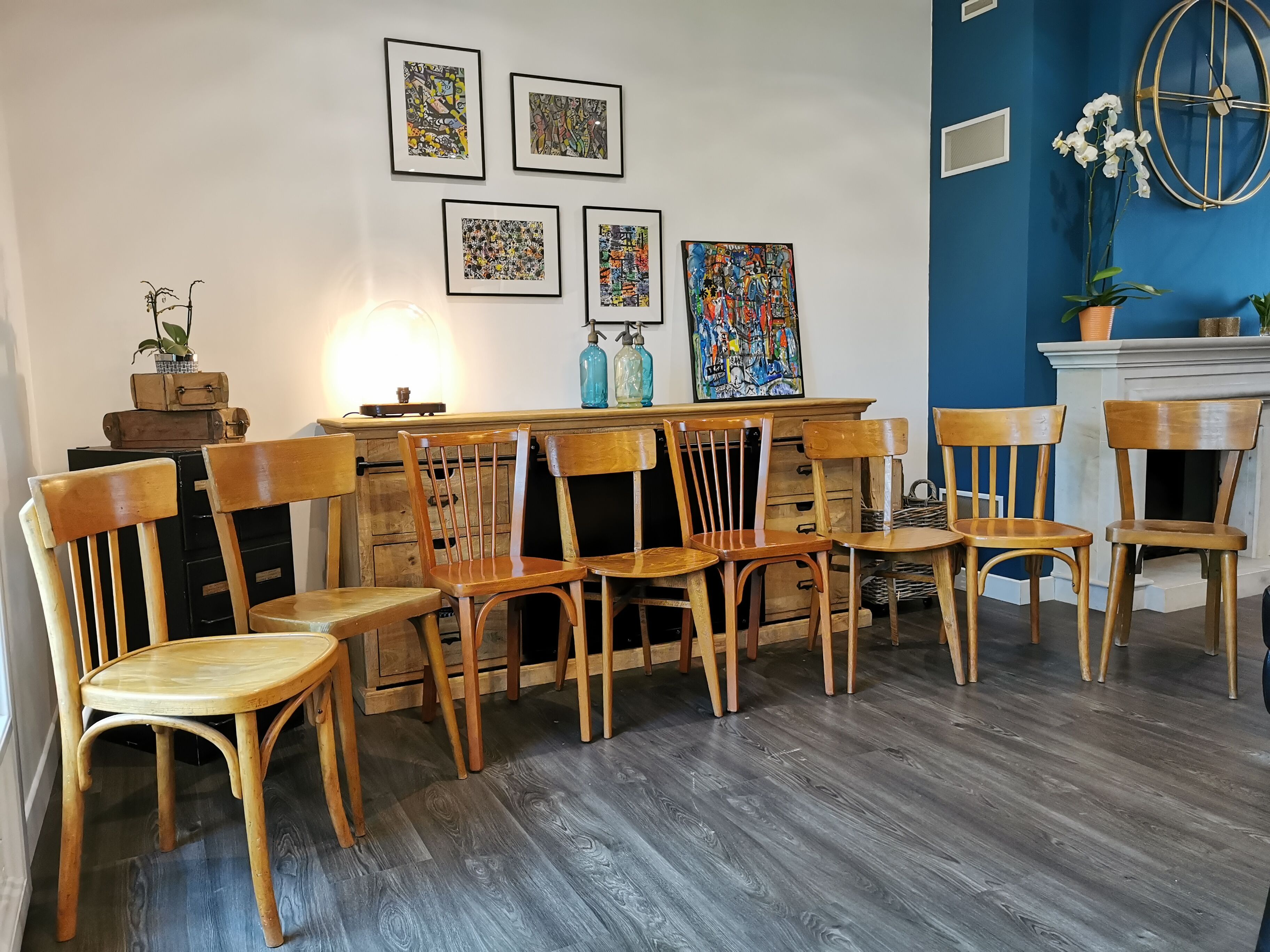 Series of 10 mismatched bistro chairs