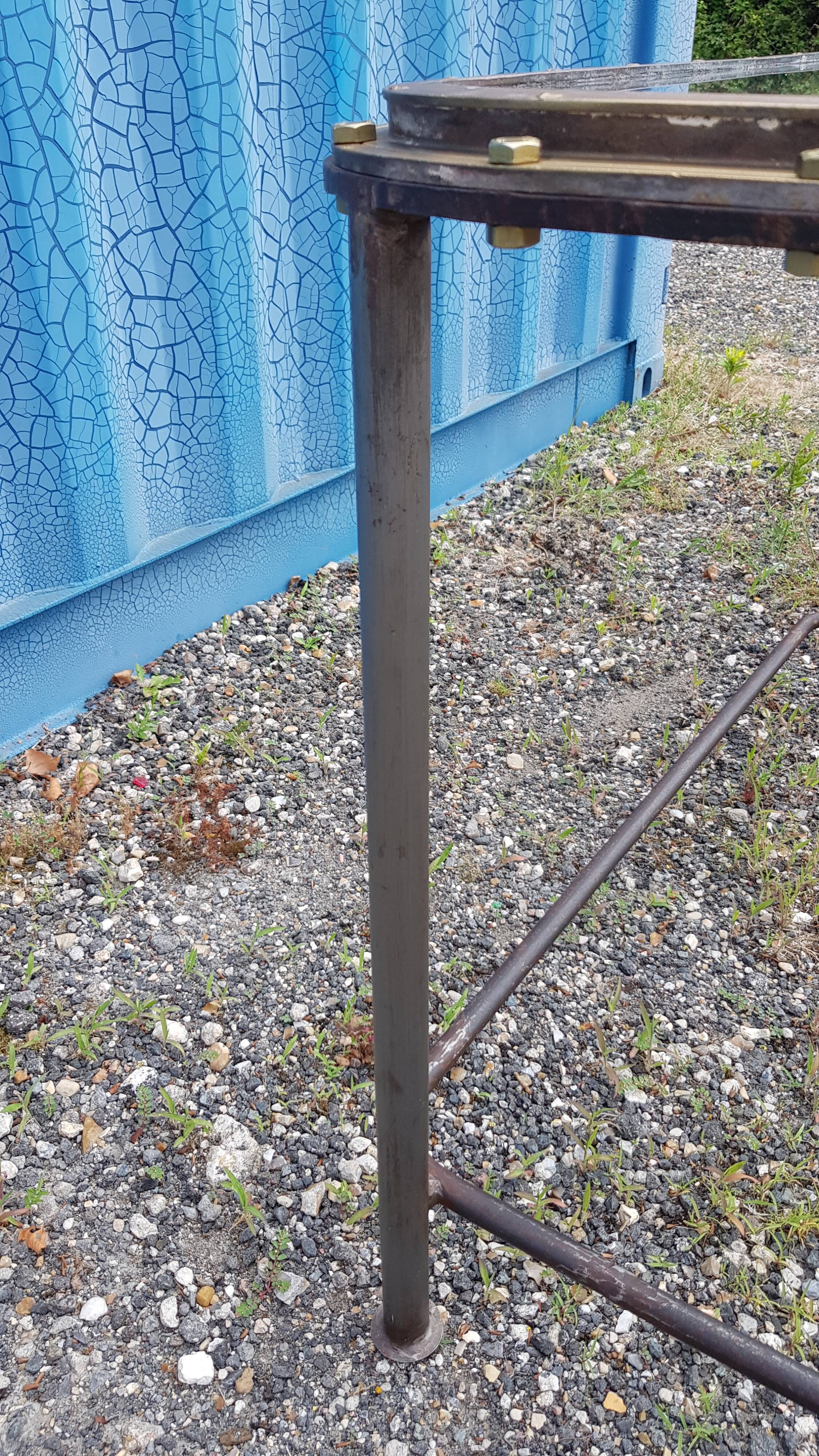 Table with an old ship porthole in brass and a metal base / 110 x 70 x 76 cm