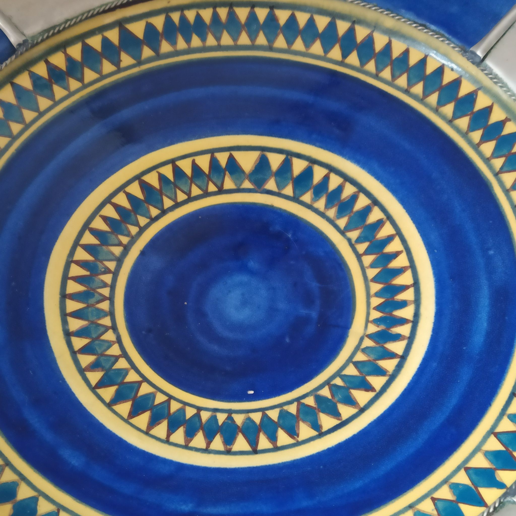 Moroccan dish polychrome faience and silver metal signed