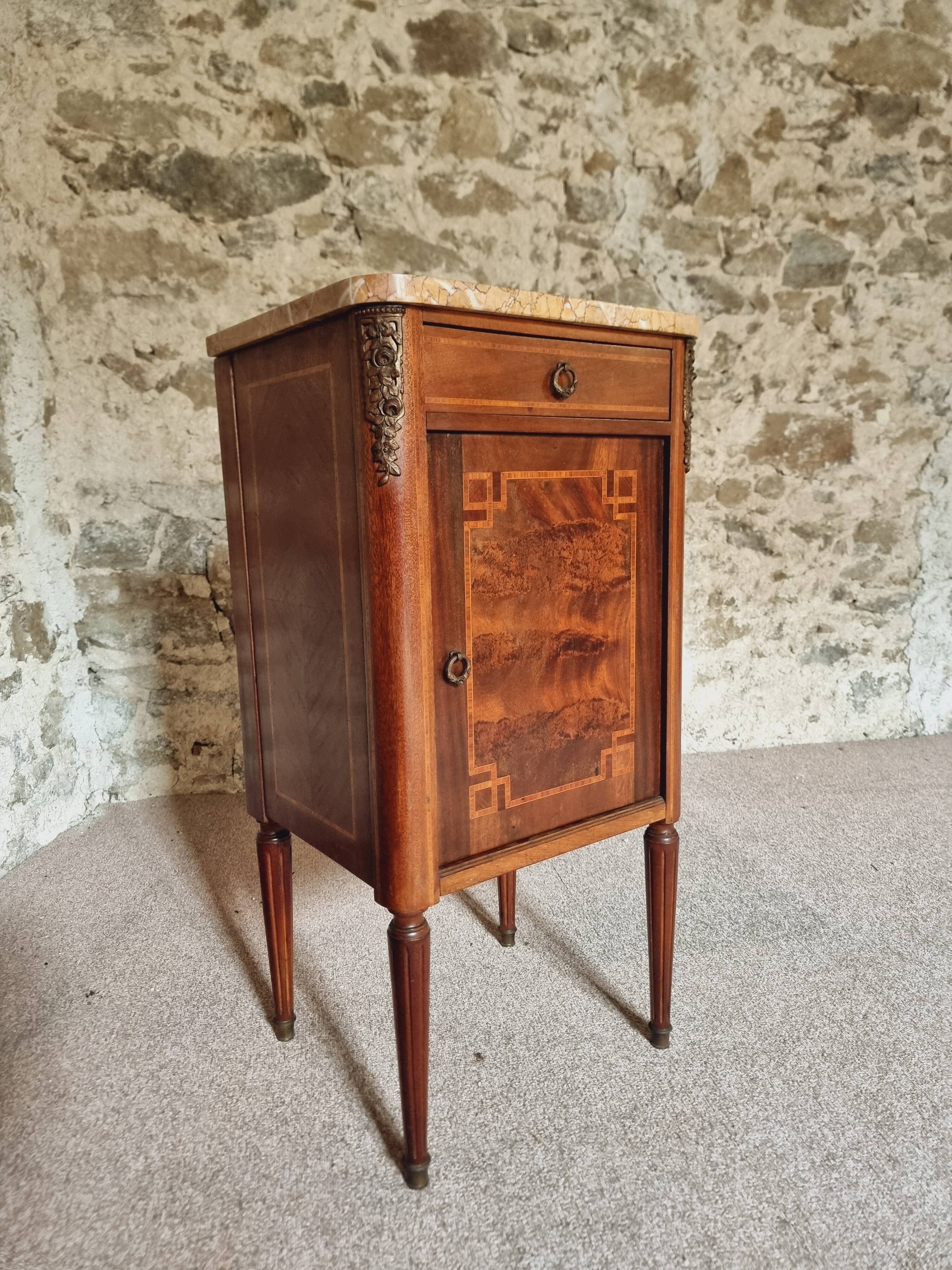 Antique French mahogany and walnut bedside table with marble top