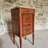 Antique French mahogany and walnut bedside table with marble top