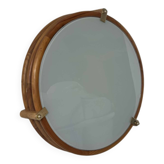 Vintage round wall light, wood, glass and brass, France 1980
