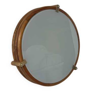 Applique vintage ronde, bois verre et laiton, France 1980