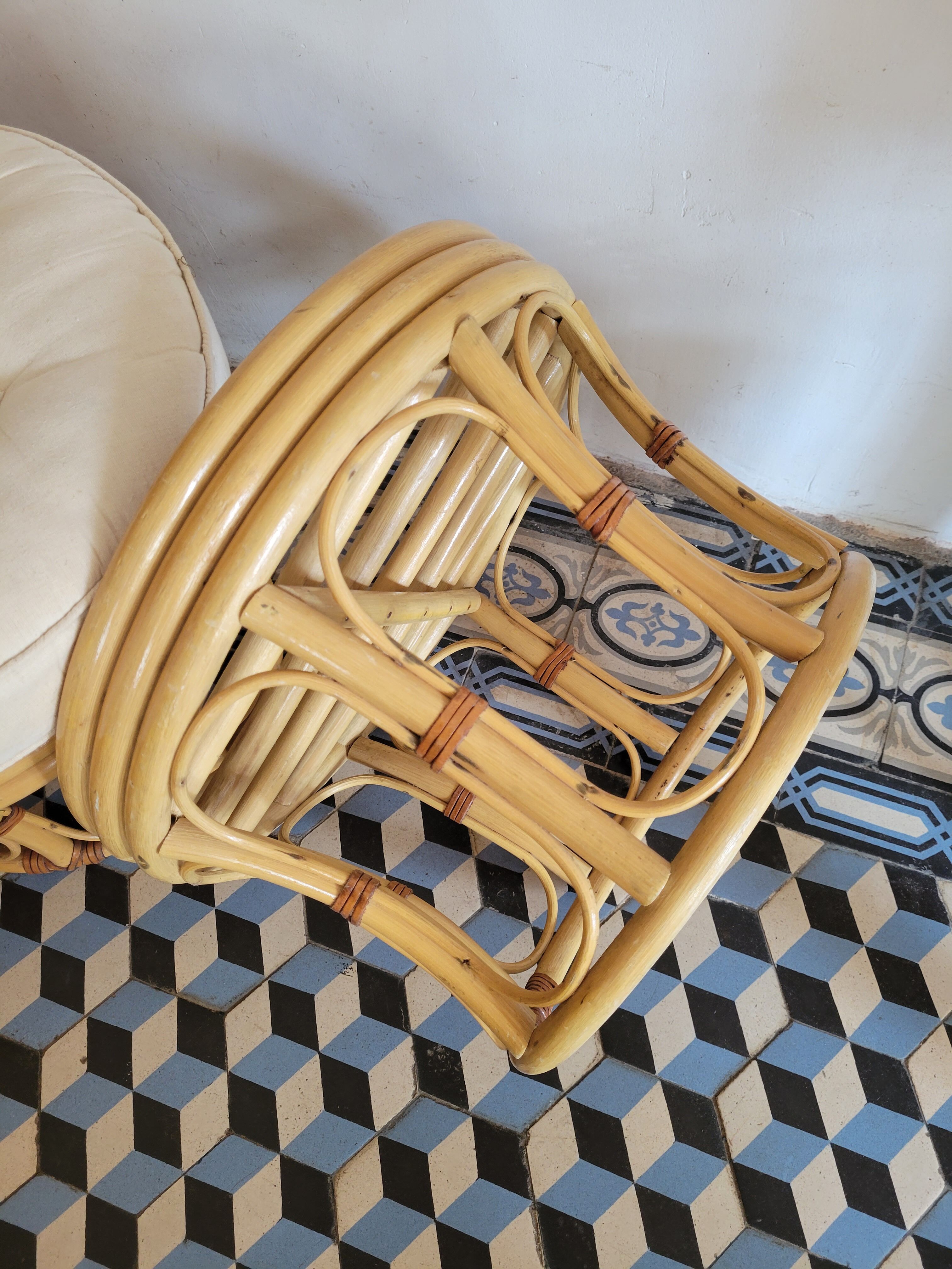 Rattan and leather poufs