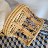 Rattan and leather poufs