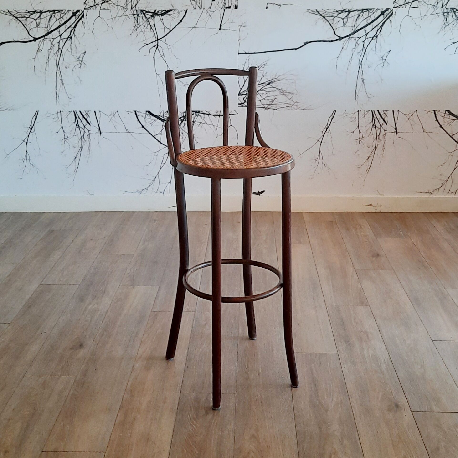 Set of 3 bentwood bar stools with rattan seats, 1970s