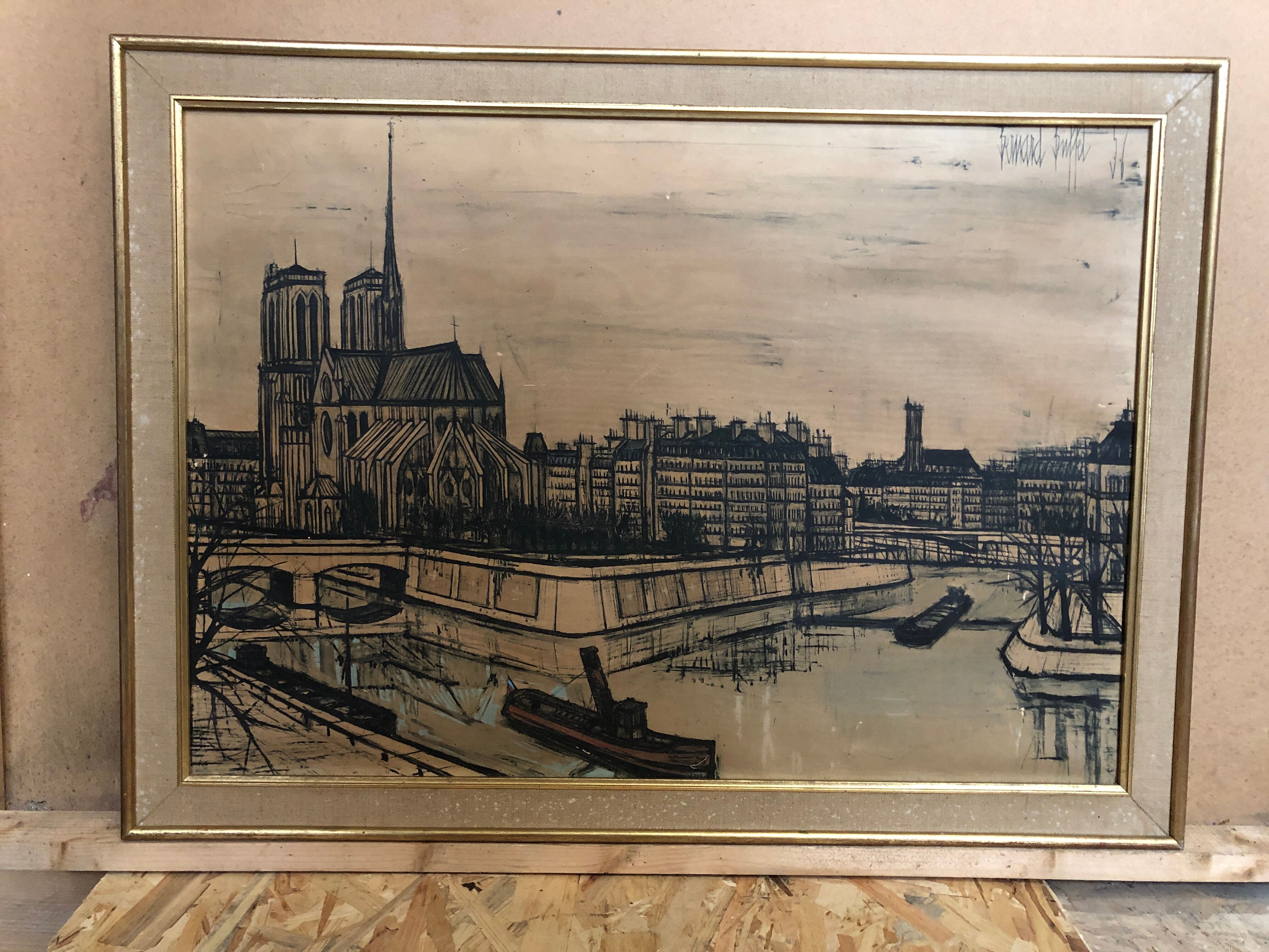 Old painting on canvas buffet 56 Notre Dame Paris + vintage wooden frame