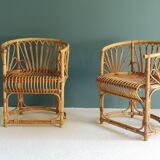 Pair of armchairs in rattan 50s