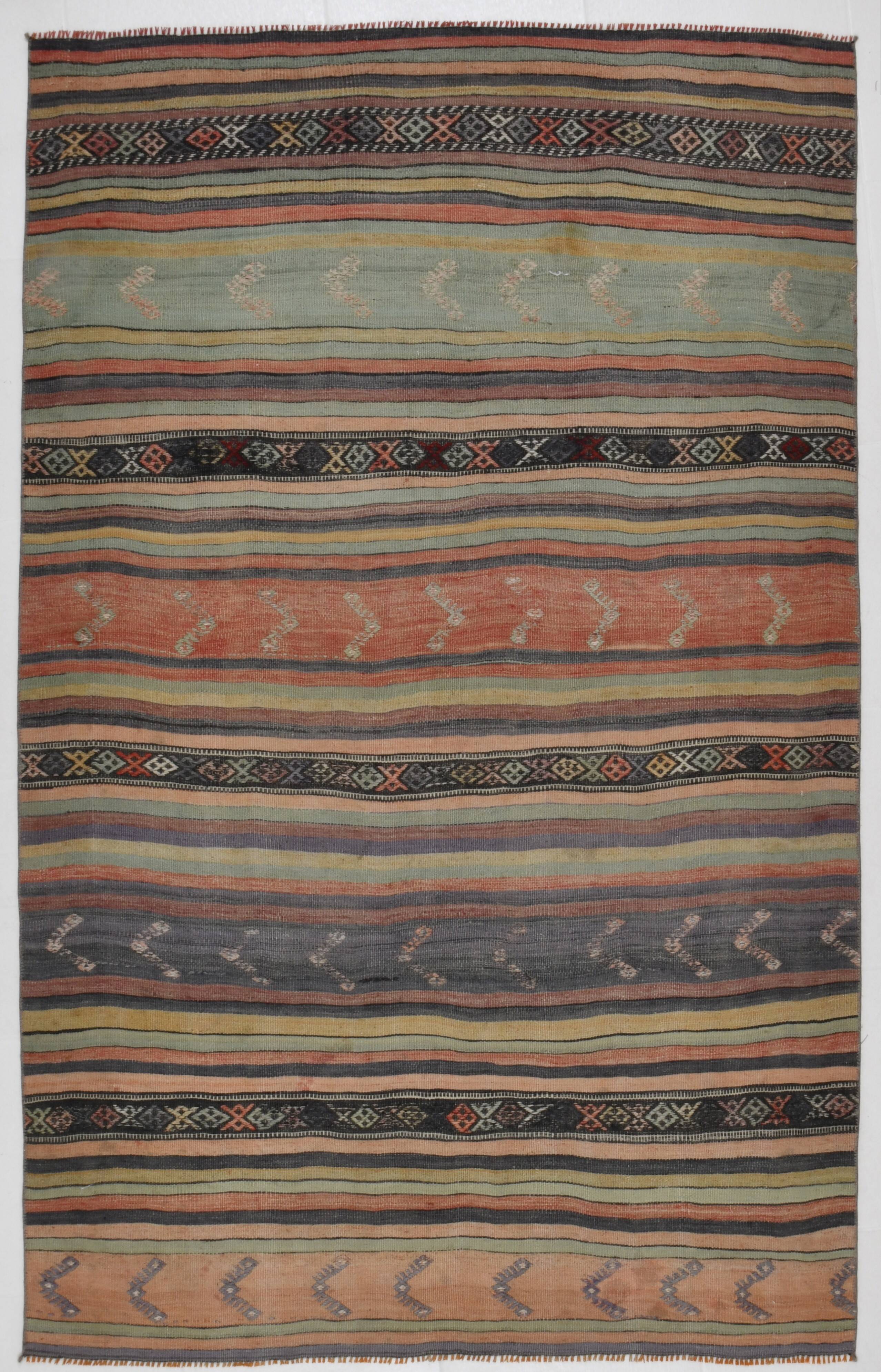 130x205Cm Pale Orange Striped Kilim Rug, Rugged Rugs, 4x7 Wool Area Rug