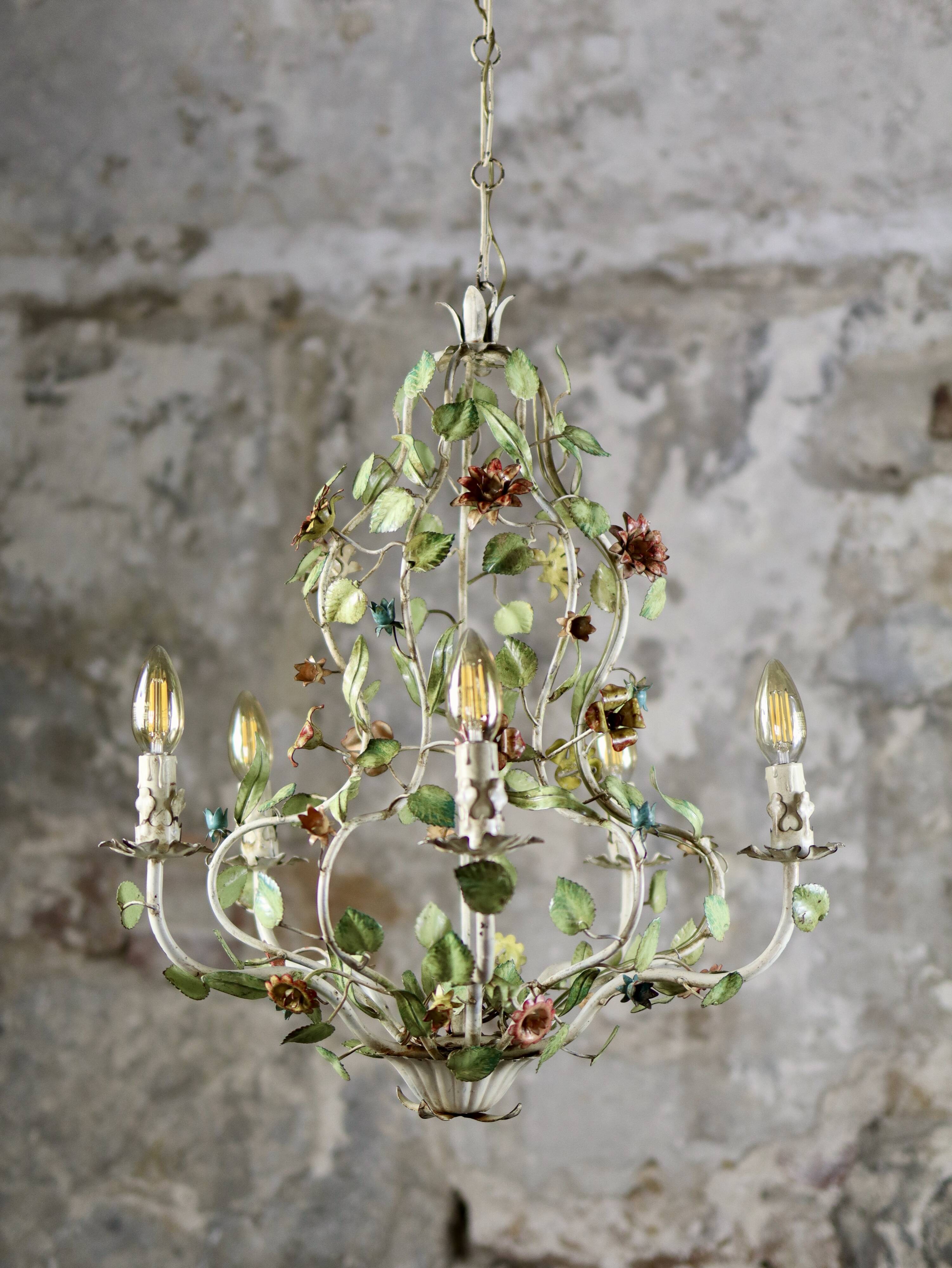 Large flower and leaf chandelier, hand-painted sheet metal, Italy, 1940s
