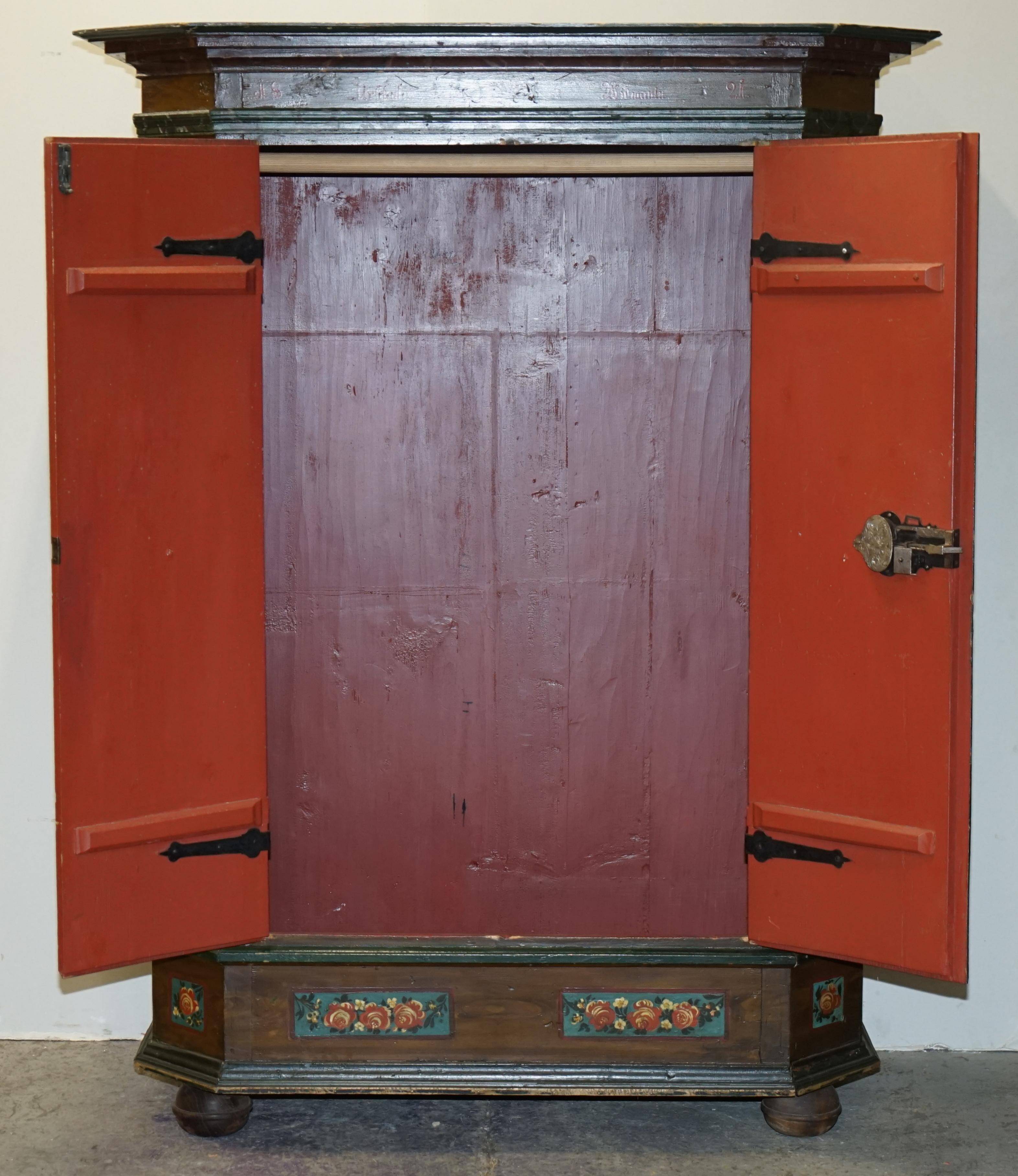 Armoire de mariage allemande peinte à la main, ancienne, 1829-1851