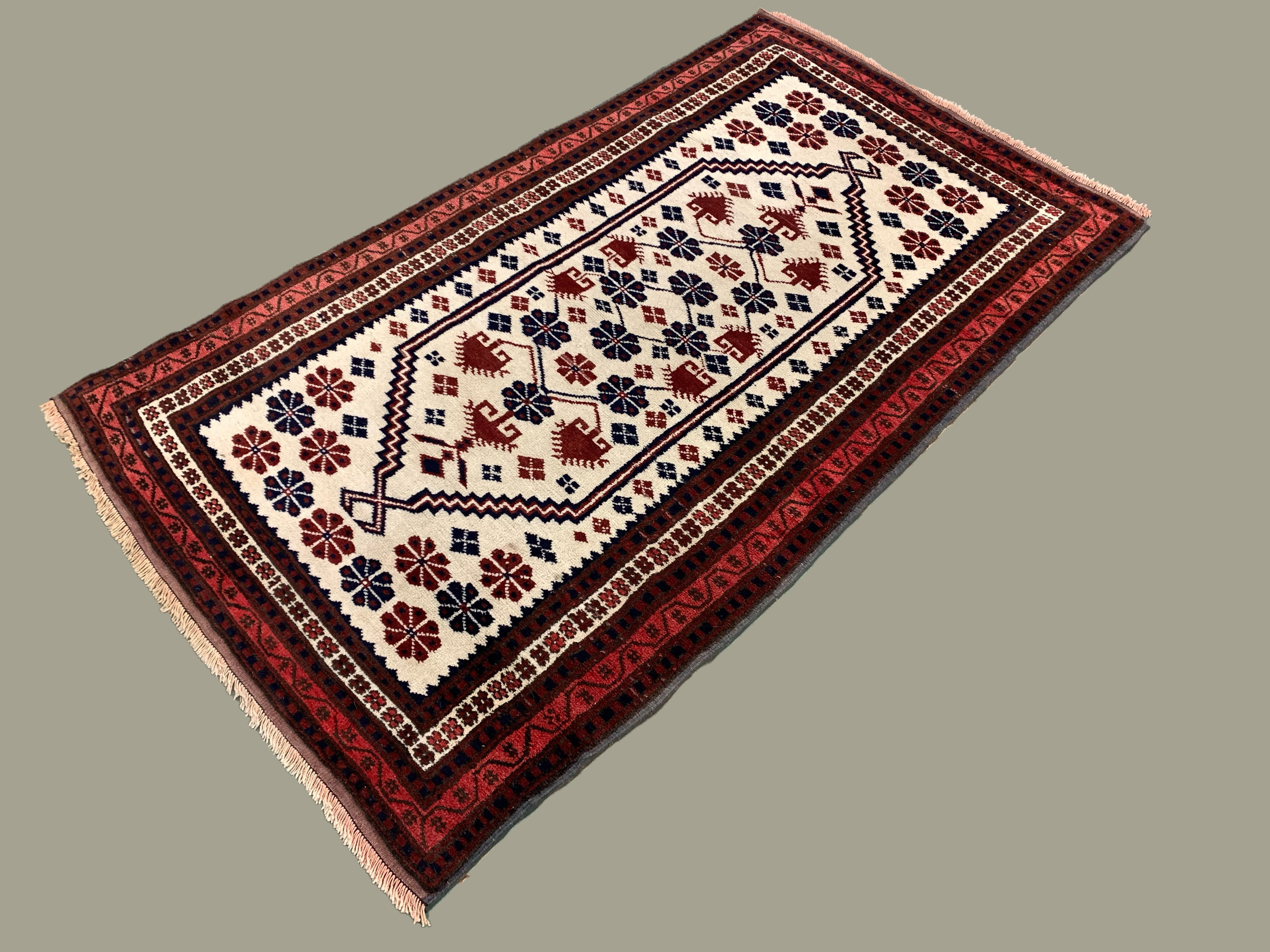 Old Turkish Rug Oriental 160x92 cm vintage tribal carpet, Red and Blue