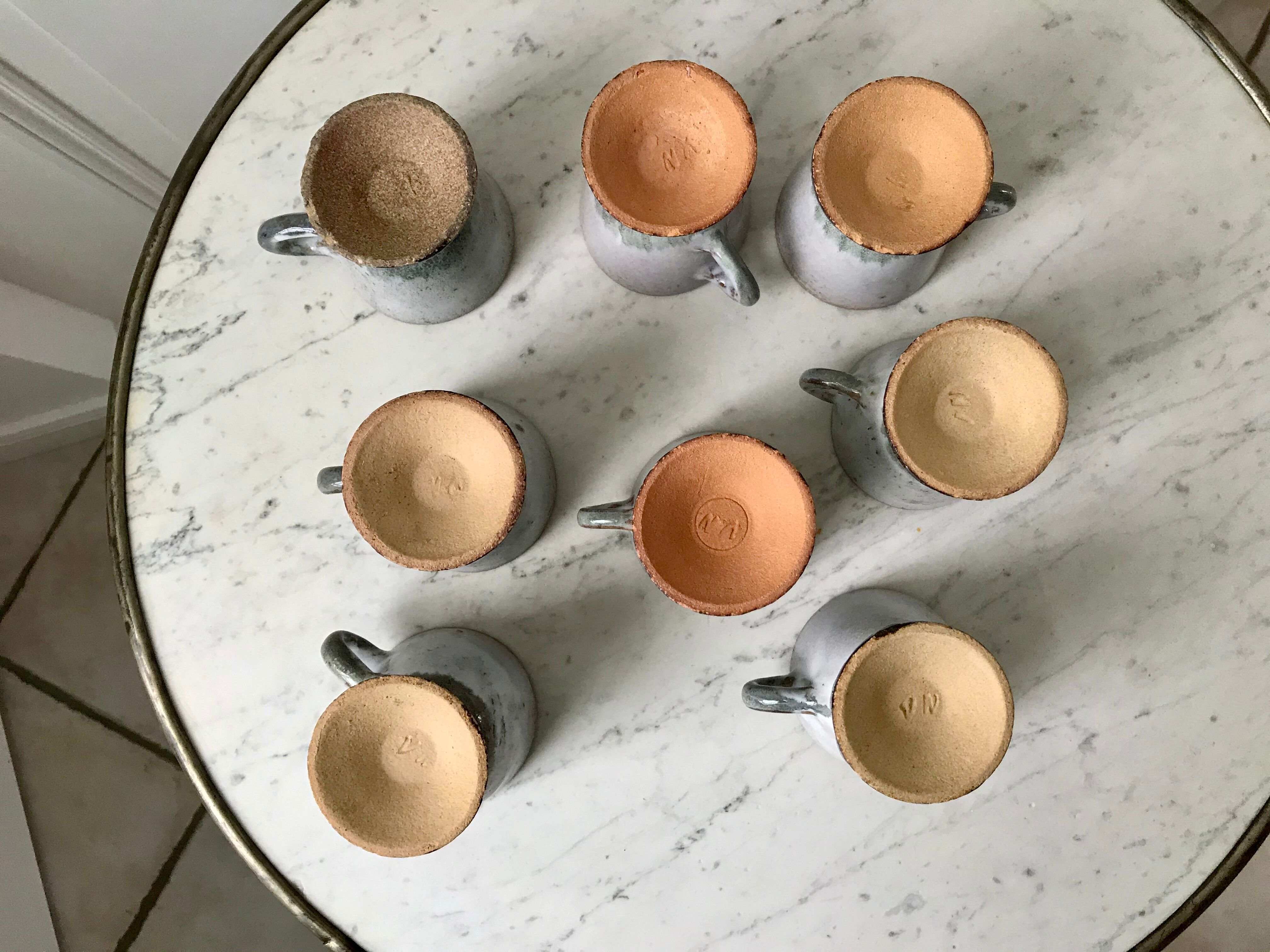 Set of 8 coffee cups, stoneware mazagrans handcrafted signed 70s