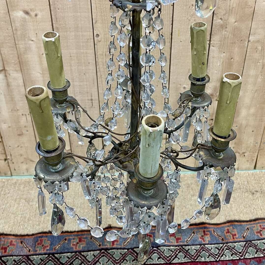 Early 20th century five-light chandelier with bronze and crystal drops