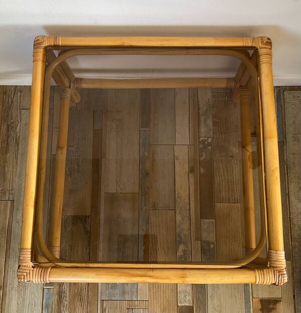 Tabb bo le basse vintage en rotin et verre fumé