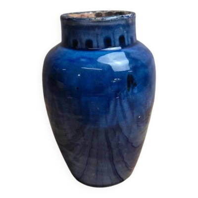 Vase artisanal vintage en terre cuite émaillée bleue, style Safi Maroc