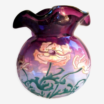 Vase bourse art nouveau verre violet émaillé Legras, pavots