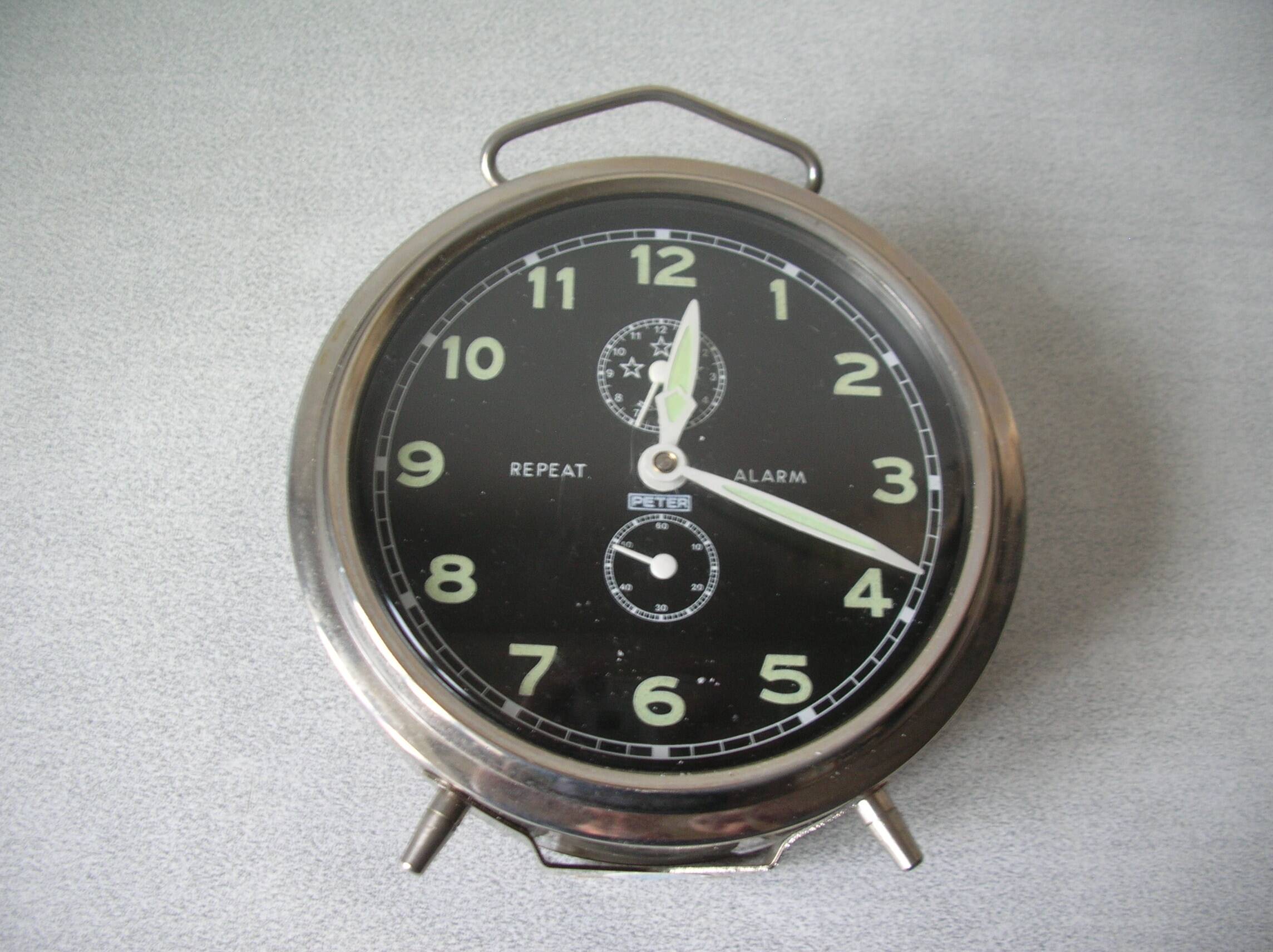 Old large mechanical alarm clock Peter Repeat Alarm chrome metal vintage retro decoration