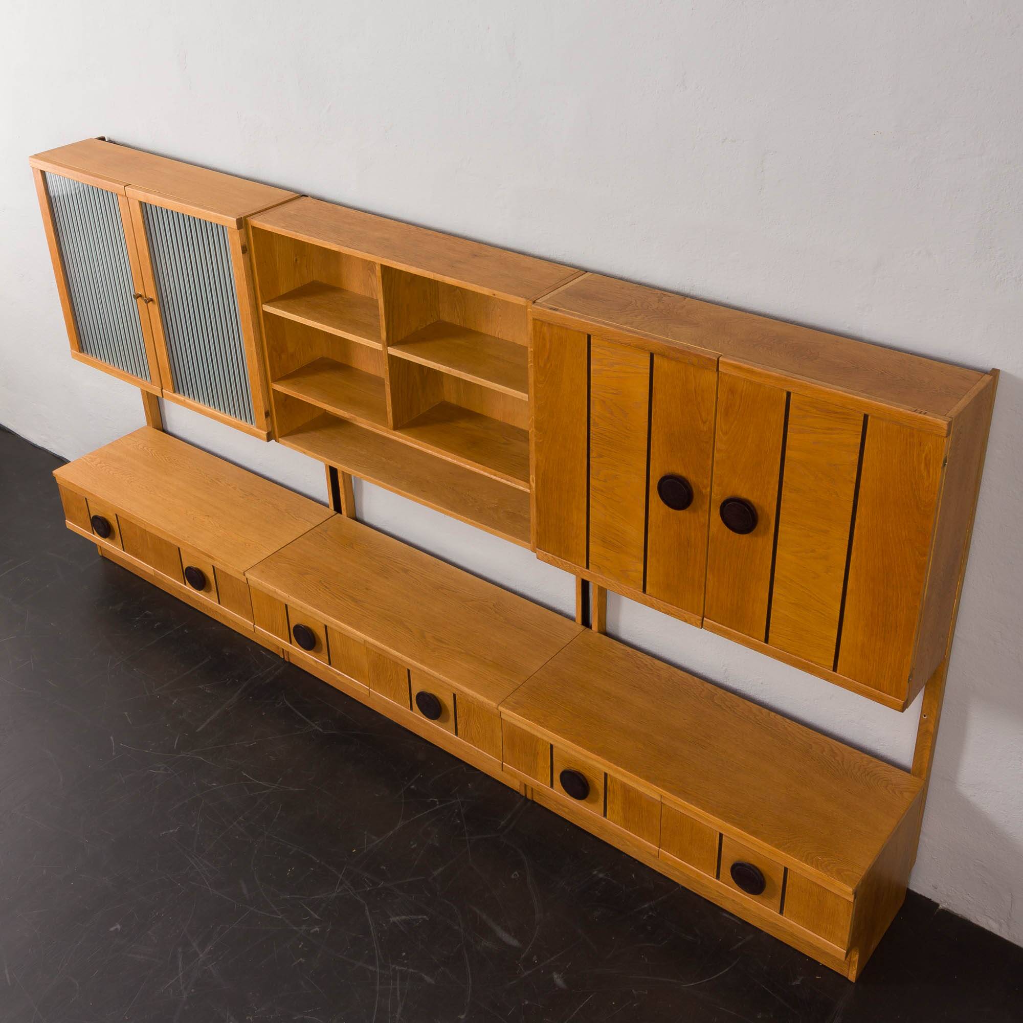 Scandinavian mid century oak wall unit with backlit, Denmark 1970s