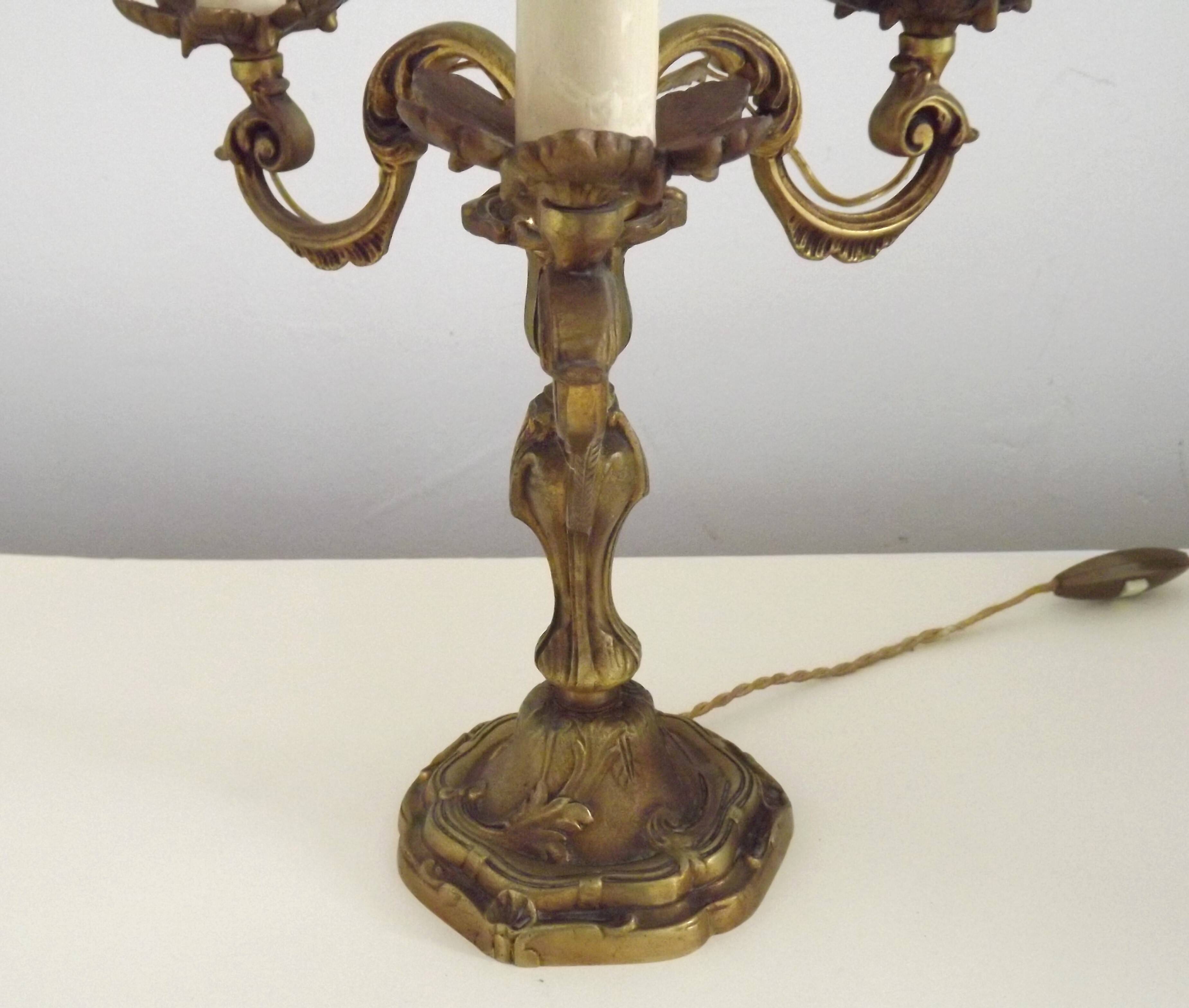 Bronze French Antique Art Nouveau 3-Light Candelabra Lamp Pleated Shade