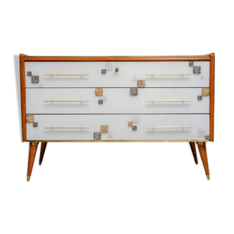 Chest of drawers in white tinted glass wood and Murano glass 1980