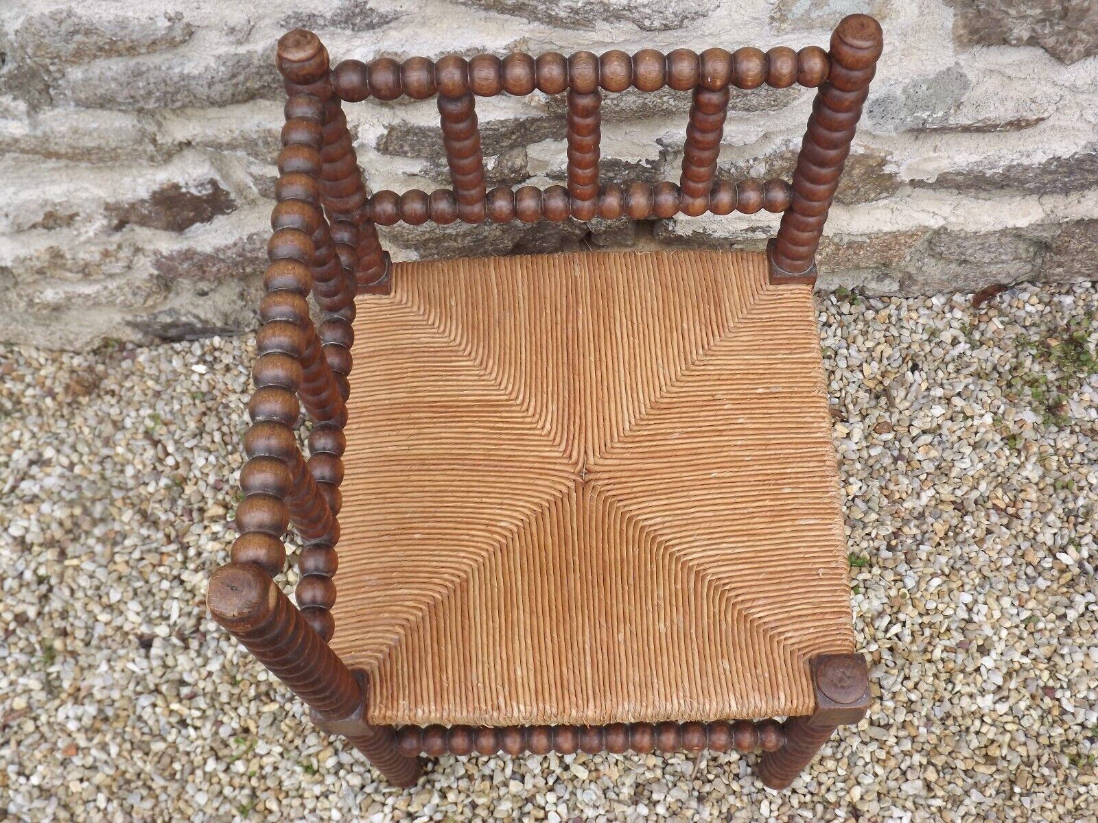 French antique turned wooden bobbin chair with rush seat 4156